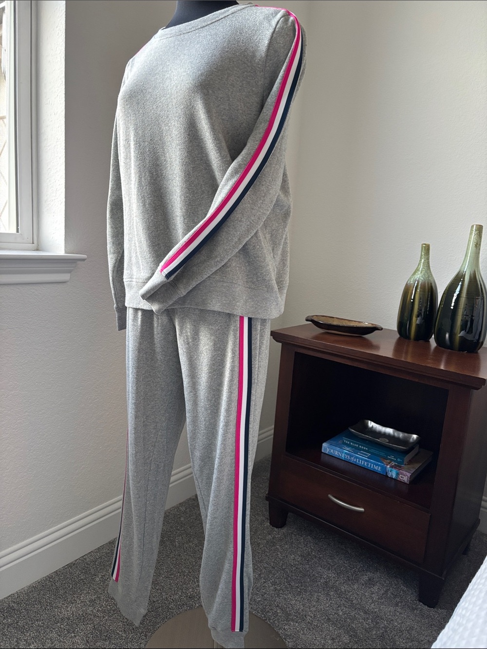 J. Crew Gray Knit Two-Piece Set with Pink and Navy Side Stripes